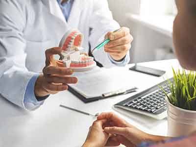 Dentist showing patient model of teeth