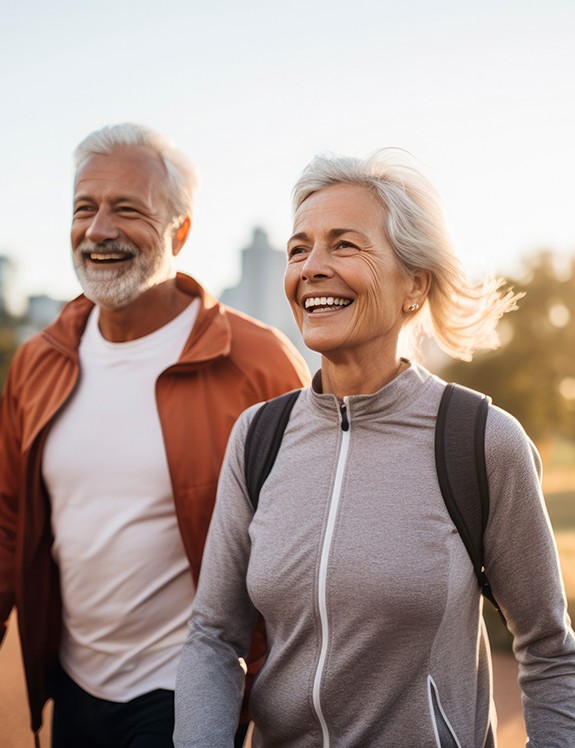 Healthy senior couple walking outside