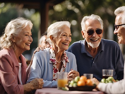 Happy group of senior friends eating a meal together